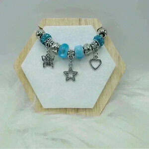 Cute Bracelet With Butterfly & Star Charms Blue